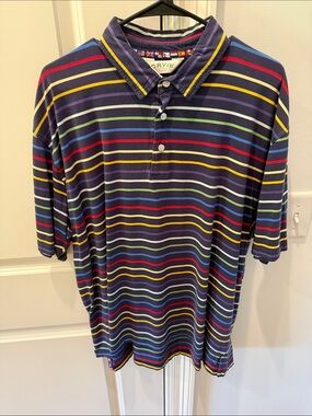 Orvis Navy Polo with Red, Yellow, Light Green, Light Blue & Purple Stripes